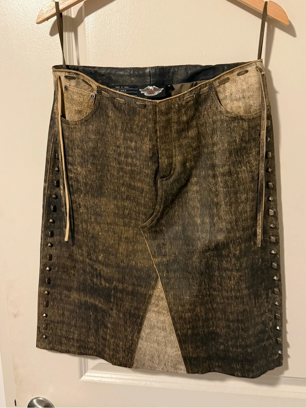 Harley-Davidson Distressed Brown Leather Pencil Skirt with Side Studs
